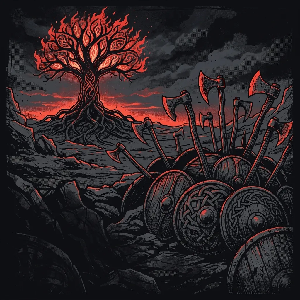 ilustración tributo de guerreros vikingos con escudos y hachas alzando los brazos ante un árbol cósmico Yggdrasil en llamas, atmósfera épica nocturna, paleta rojo y negro, sin rostros reconocibles ni logos