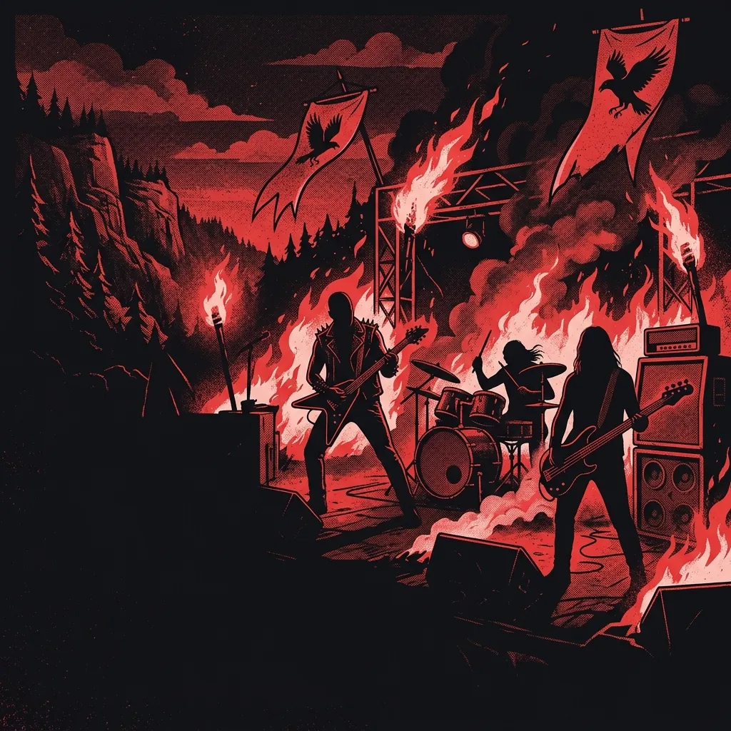 ilustración tributo de un escenario de concierto al aire libre con banderas de cuervo y llamas que iluminan siluetas de músicos con instrumentos, atmósfera de festival de metal vikingo, paleta rojo y negro, sin rostros ni logos