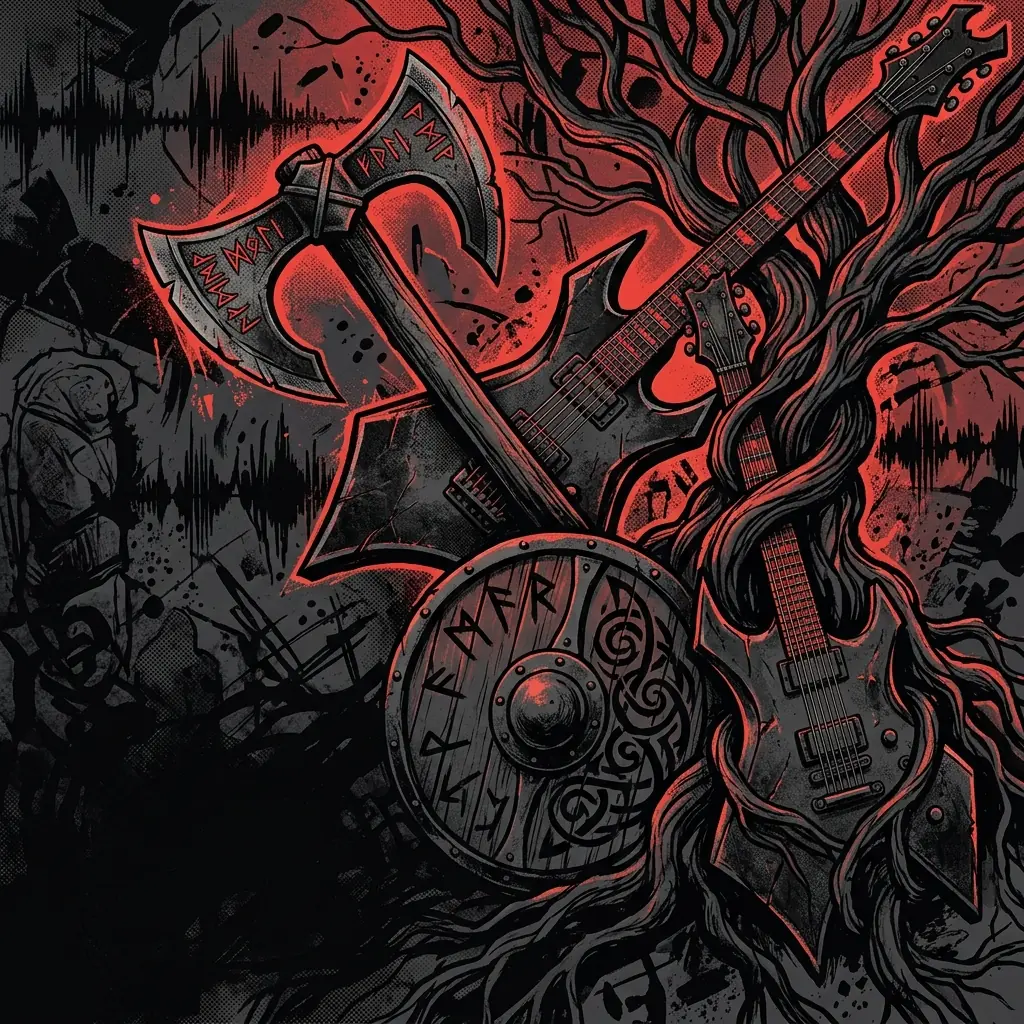 ilustración tributo de un collage de hacha de guerra, escudo vikingo, runas nórdicas y las ramas del árbol Yggdrasil entrelazadas con guitarras eléctricas, paleta rojo y negro, sin texto ni logotipos reconocibles