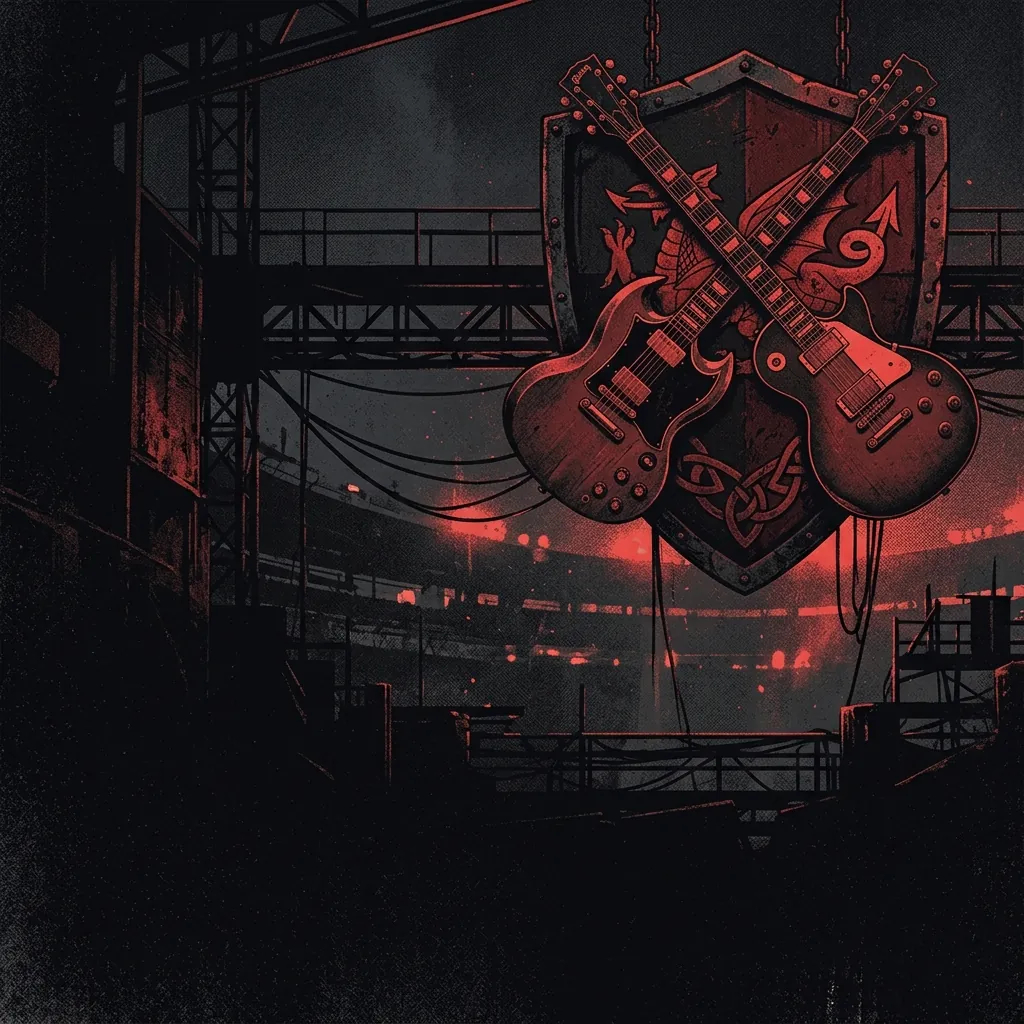 ilustración tributo de dos guitarras eléctricas cruzadas sobre un escudo con motivos galeses, fondo industrial oscuro, destellos rojos como brasas, atmósfera de estadio nocturno, paleta rojo y negro, sin rostros ni logos