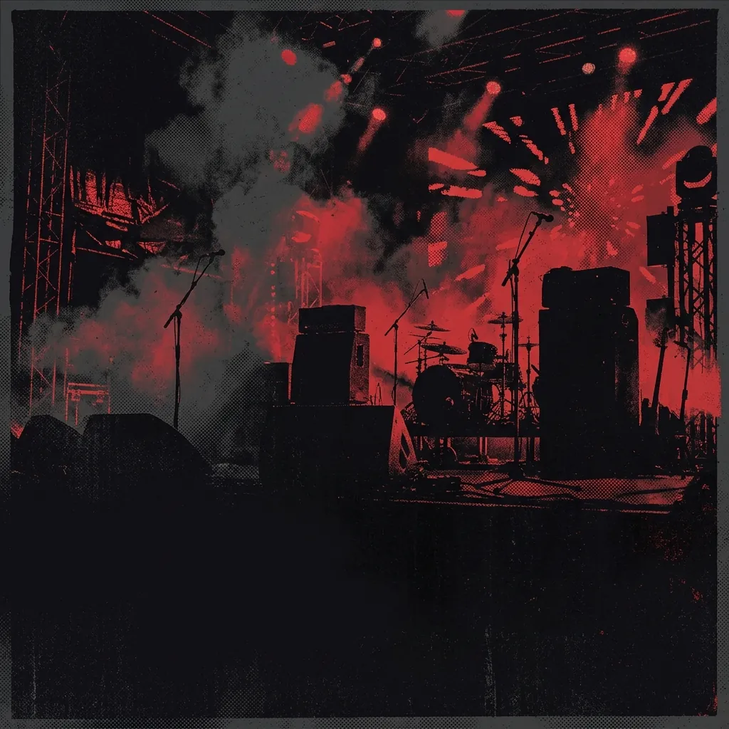 ilustración tributo de un escenario de festival envuelto en humo y luz roja, siluetas de instrumentos y amplificadores, energía explosiva de concierto masivo, paleta rojo y negro, sin rostros reconocibles ni logos
