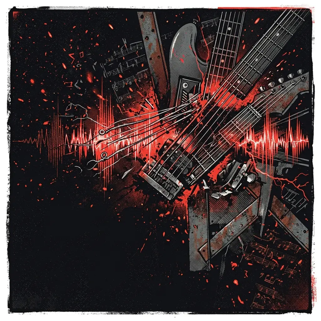 ilustración tributo de un collage de cuerdas de guitarra vibrando como ondas de sonido sobre un fondo oscuro tachonado de brasas rojas, partituras fragmentadas, energía eléctrica y acero galés, paleta rojo y negro, sin texto ni logotipos