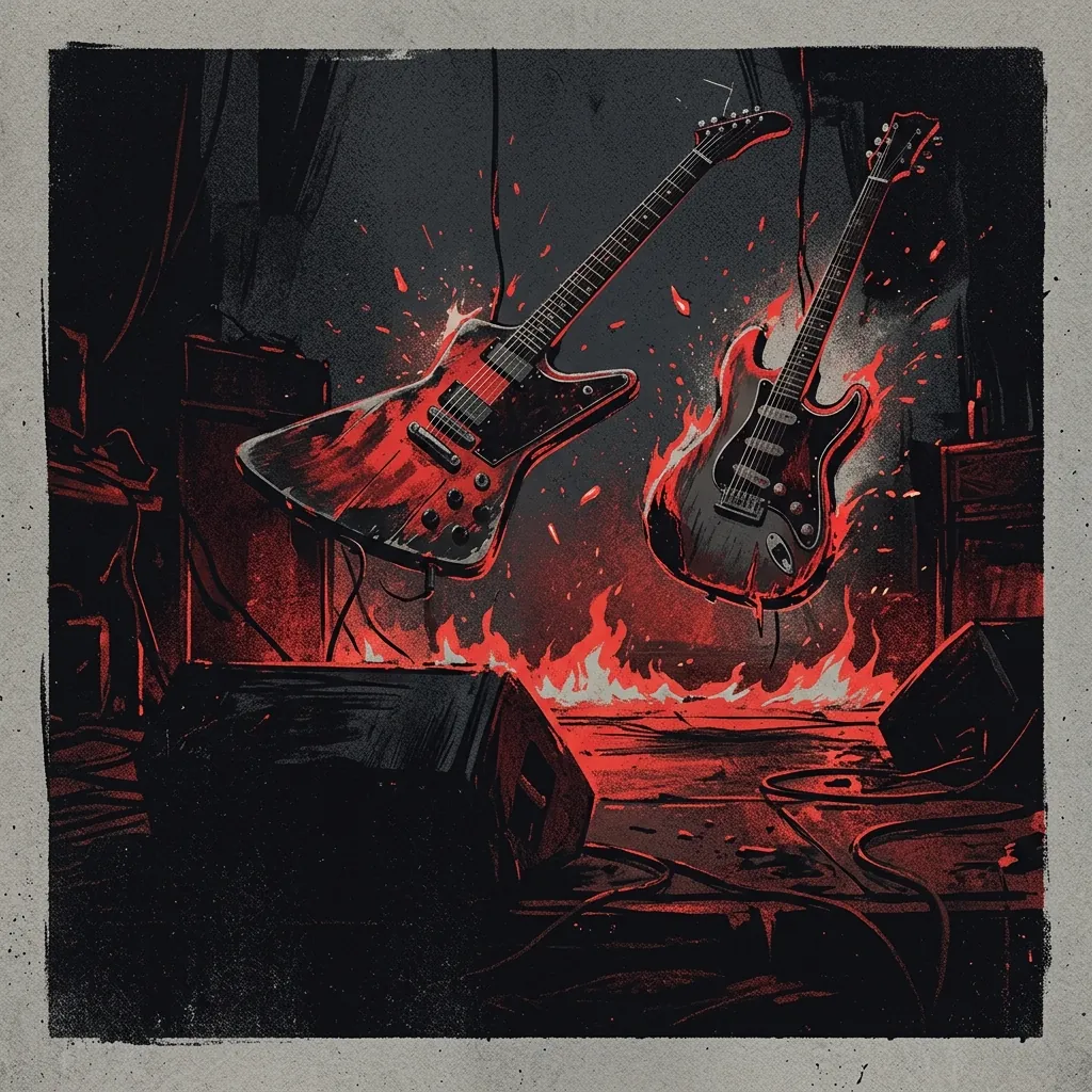 ilustración tributo de guitarras eléctricas dobles suspendidas sobre un escenario oscuro con destellos rojos y llamas bajas, atmósfera de energía contenida y explosiva, paleta rojo y negro, sin rostros reconocibles ni logos