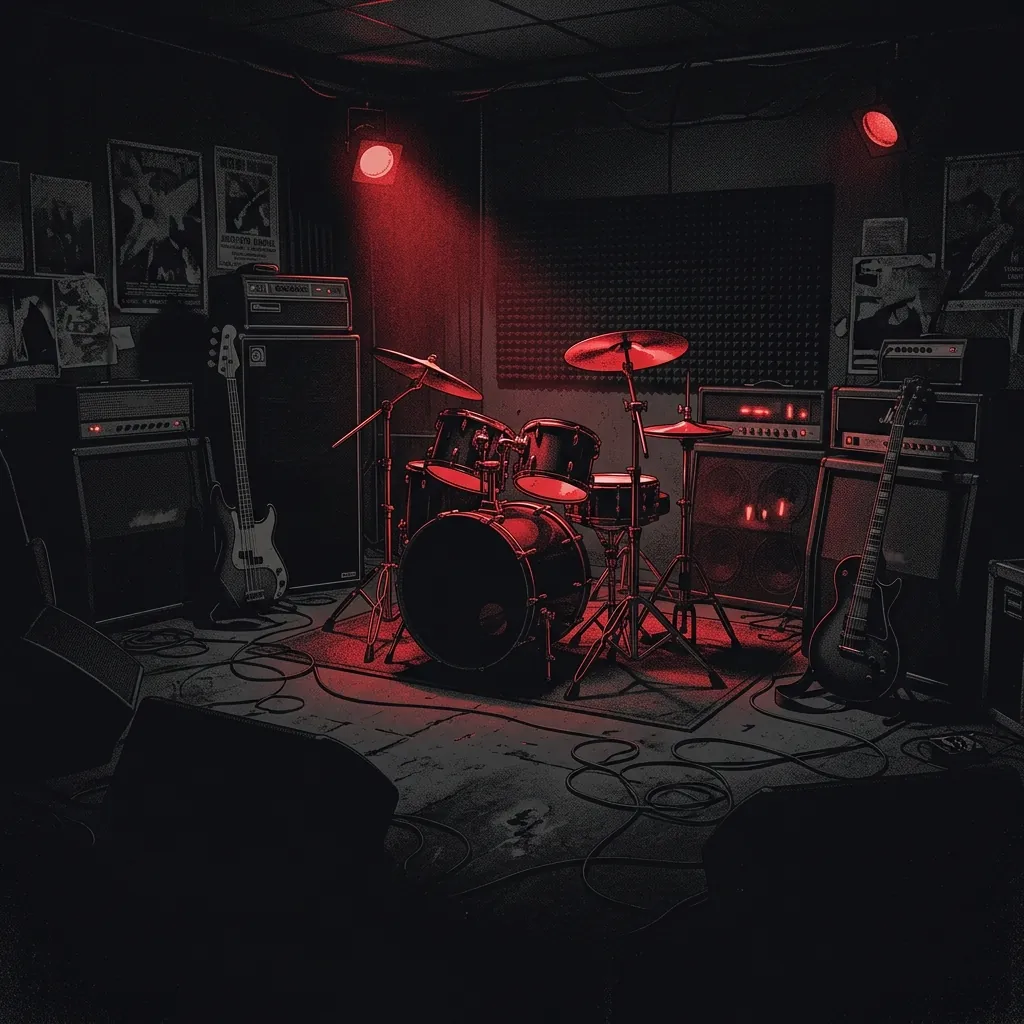 ilustración tributo de una sala de ensayo oscura con amplificadores encendidos y drumkit iluminado por una sola luz rojiza, atmósfera intensa y concentrada, paleta rojo y negro, sin rostros ni logos
