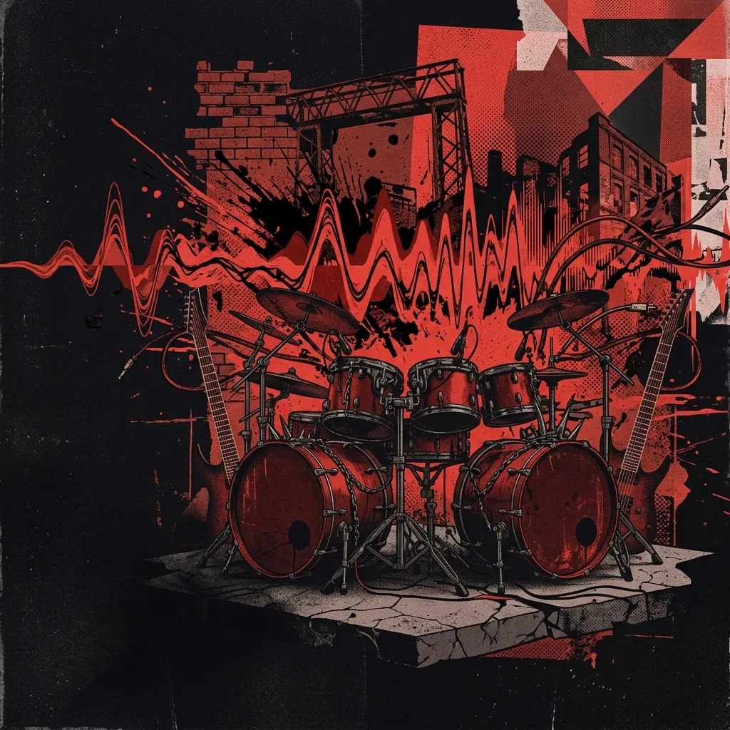 ilustración tributo de un collage con riffs de guitarra en ondas sonoras rojas sobre fondo negro, batería de doble bombo como eje central, atmósfera de metalcore británico moderno, paleta rojo y negro, sin texto ni logotipos