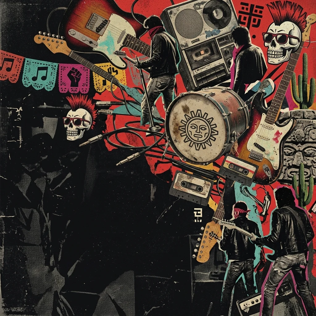 ilustración tributo ecléctica de los orígenes del rock alternativo mexicano en los 80, collage de instrumentos, arte popular y juventud, colorido sobre fondo oscuro, sin rostros ni logos