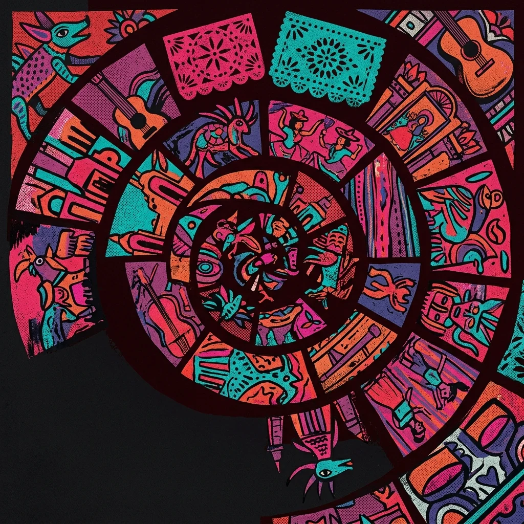ilustración tributo al álbum Re de 1994, 19 géneros distintos representados como fragmentos de arte popular mexicano en espiral, vibrante sobre fondo rojo oscuro, sin rostros ni logos