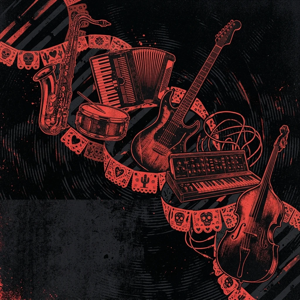 ilustración tributo al eclecticismo musical de Café Tacvba, collage de instrumentos de ska, jazz, norteño, punk y electrónica entrelazados con papel picado y arte folk mexicano, sobre fondo oscuro y vibrante, sin rostros ni logos