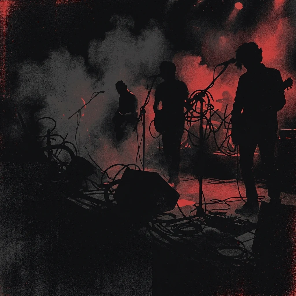ilustración tributo de la primera noche de Caifanes en Rockotitlán, 1987: escenario oscuro iluminado con luz roja tenue, siluetas sin rostro entre humo y cables de guitarra, estética gótico-mexicana