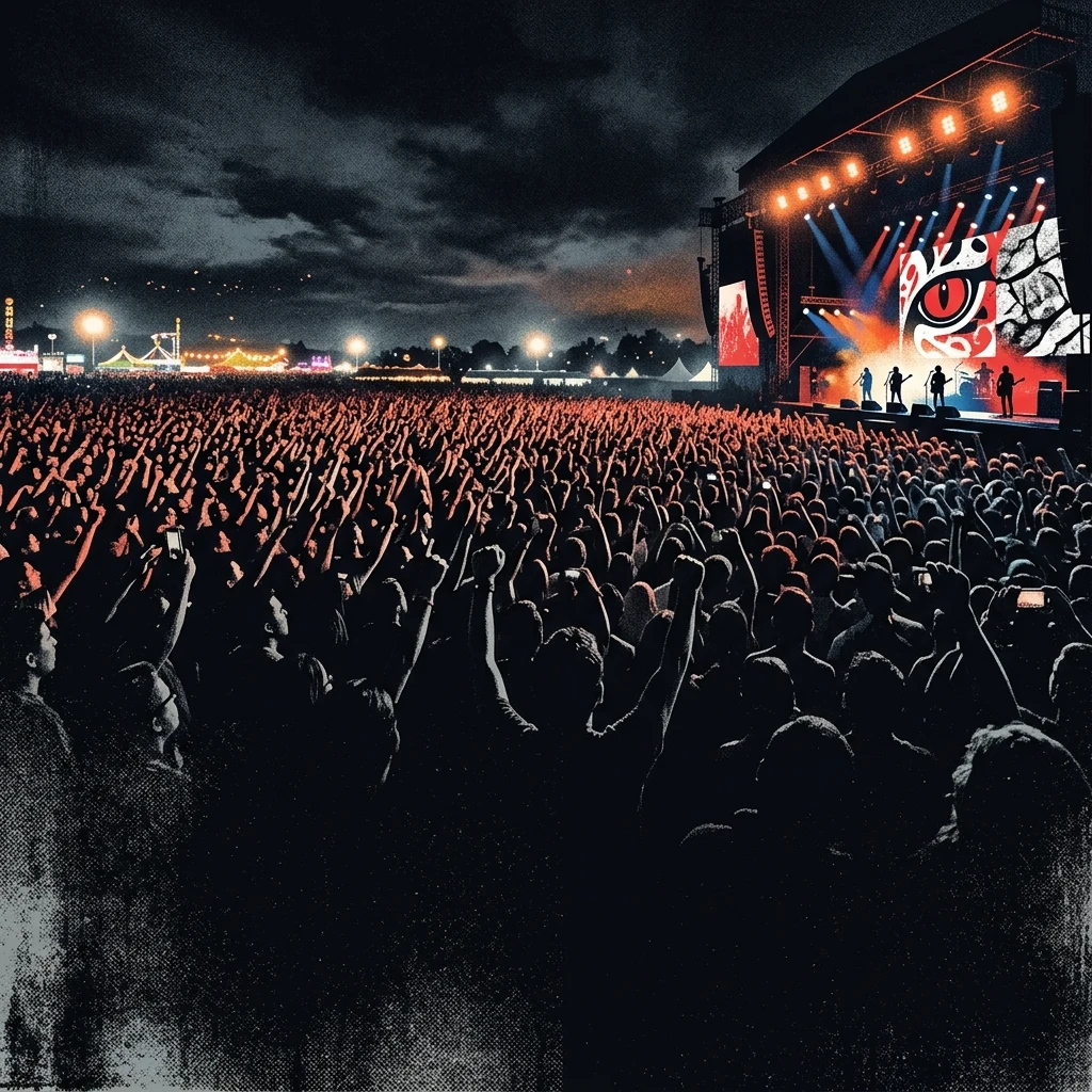 ilustración tributo del regreso de Caifanes al Vive Latino 2011: una multitud enorme bajo cielo nocturno, linternas y luces de colores en el horizonte, sin rostros identificables, atmósfera de reunión masiva y emoción colectiva