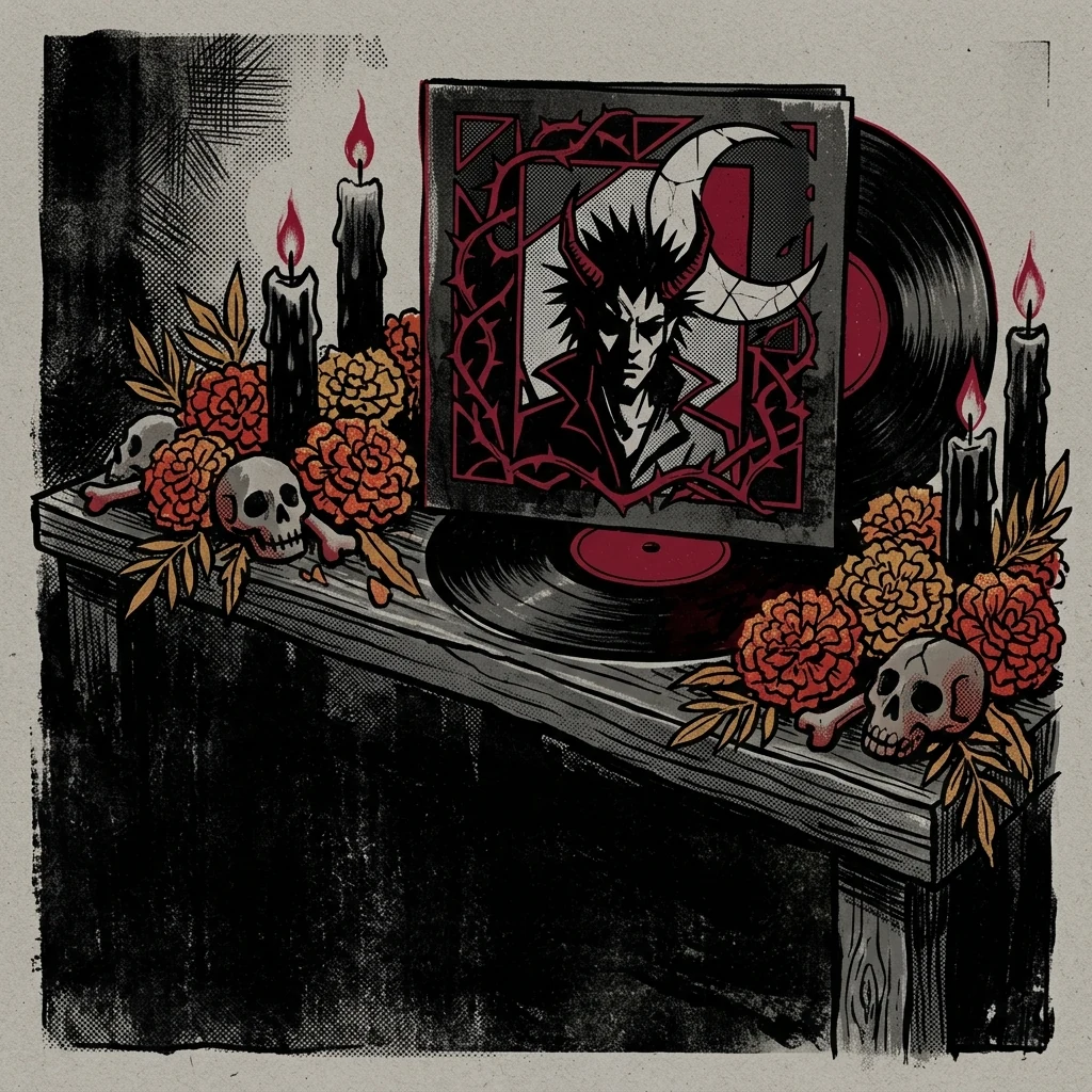 ilustración tributo de un vinil de Caifanes sobre un altar de Día de Muertos con flores de cempasúchil y velas negras, estética gótico-mexicana, sin fotografías reales ni logotipos reconocibles