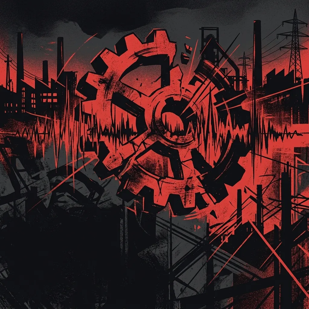 ilustración tributo de un engranaje industrial fragmentado entre ondas de sonido distorsionadas, atmósfera de metal pesado y tensión urbana en el Ruhr alemán, paleta rojo sangre y negro profundo, sin rostros ni logos reconocibles