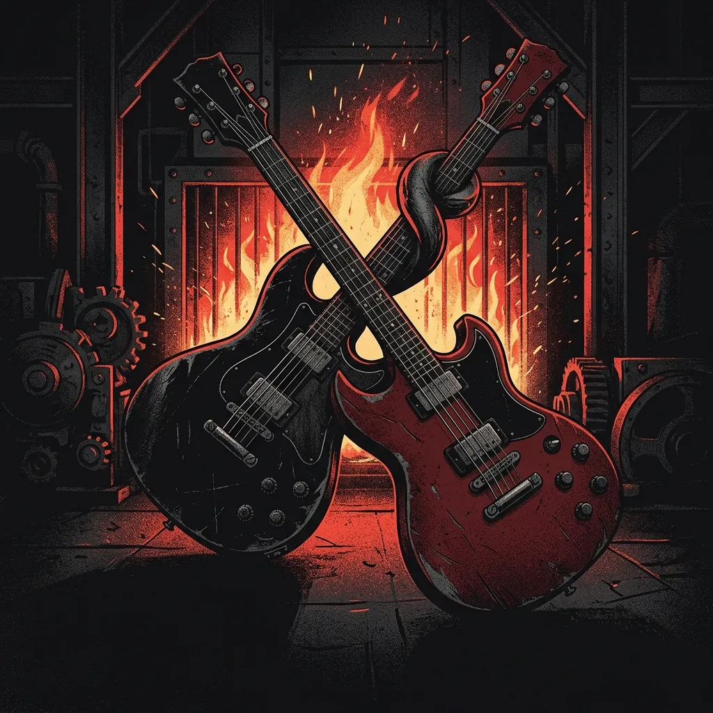 ilustración tributo de guitarras eléctricas entrelazadas sobre un fondo de llamas contenidas y oscuridad industrial, sensación de energía brutal canalizada en estructura musical, paleta rojo y negro, sin rostros ni logos