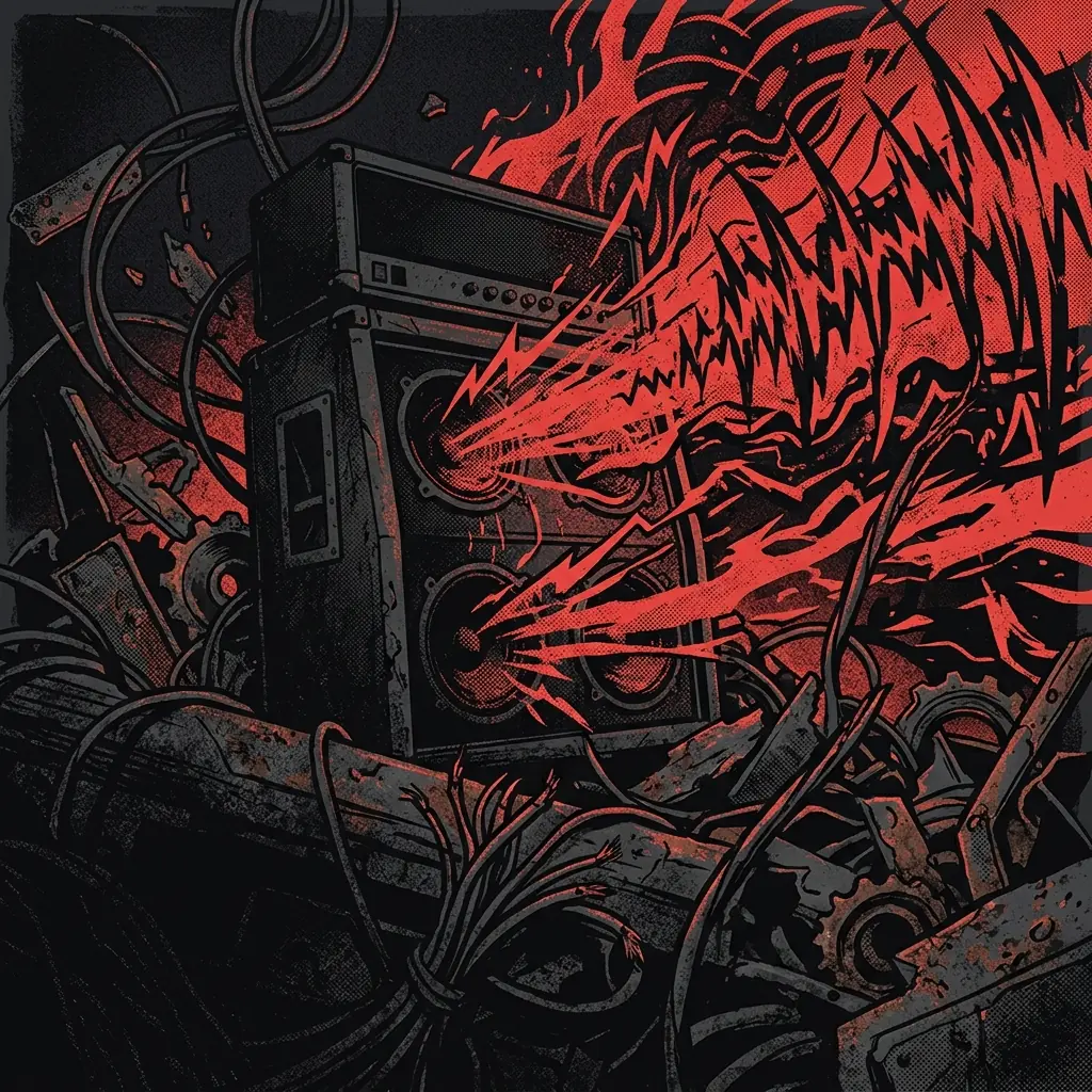 ilustración tributo de un amplificador de guitarra desbordando ondas de sonido en rojo sobre fondo negro, rodeado de fragmentos de metal oxidado y cables, evocación del poder industrial del metalcore alemán, sin texto ni logotipos