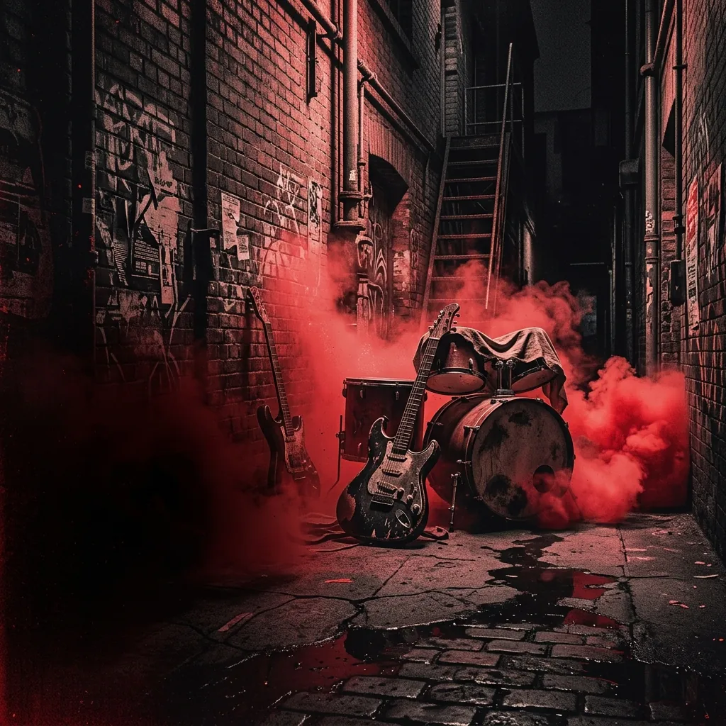 ilustración tributo de guitarras eléctricas y una batería envueltos en vapor rojo en un callejón urbano nocturno de ciudad industrial alemana, atmósfera de tensión y energía, paleta rojo y negro, sin rostros ni logos