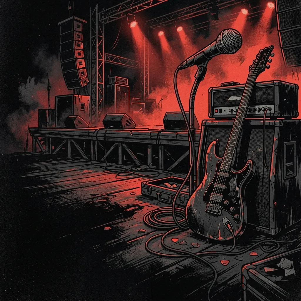 ilustración tributo de una guitarra eléctrica y un micrófono sobre un escenario bañado en luz roja, ambiente de festival metalcore, paleta rojo y negro intensos, sin rostros ni logos reconocibles