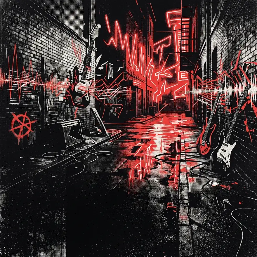 ilustración tributo de una representación abstracta de un callejón urbano alemán con ondas sonoras y distorsión visual, guitarras estilizadas, luces de neón rojo sobre asfalto mojado y negro, sin texto ni logotipos