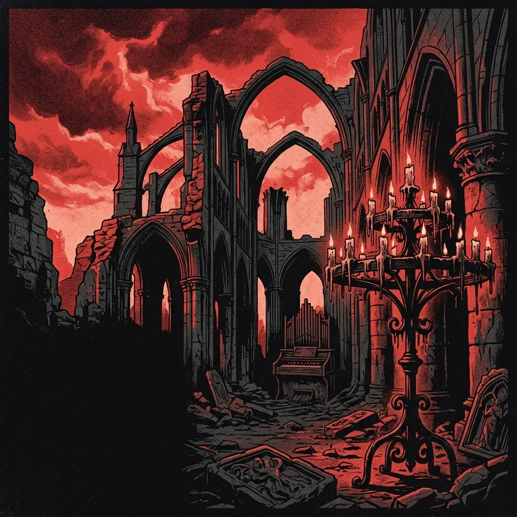 ilustración tributo de una catedral gótica en ruinas bajo un cielo carmesí con nubes de tormenta, un candelabro masivo en primer plano proyectando sombras dramáticas, atmósfera epic doom metal años 80, paleta rojo y negro, sin rostros reconocibles ni logos