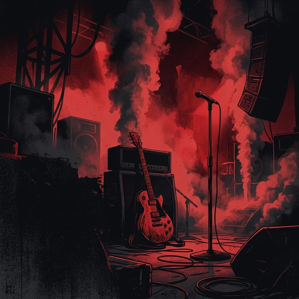 ilustración tributo de un escenario de concierto bañado en luz roja intensa con columnas de humo ascendiendo hacia el techo, una guitarra eléctrica de cuerpo macizo y un micrófono en el centro, estética doom metal épico, paleta rojo y negro, sin rostros ni logos