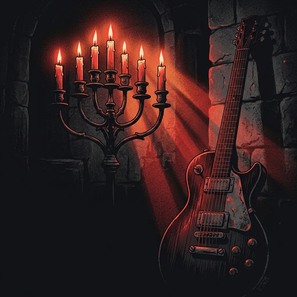 ilustración tributo de un candelabro gótico de siete brazos con velas encendidas proyectando haces de luz roja sobre el cuello de una guitarra de cuerpo macizo, atmósfera solemne y medieval, paleta rojo y negro, sin texto ni logotipos