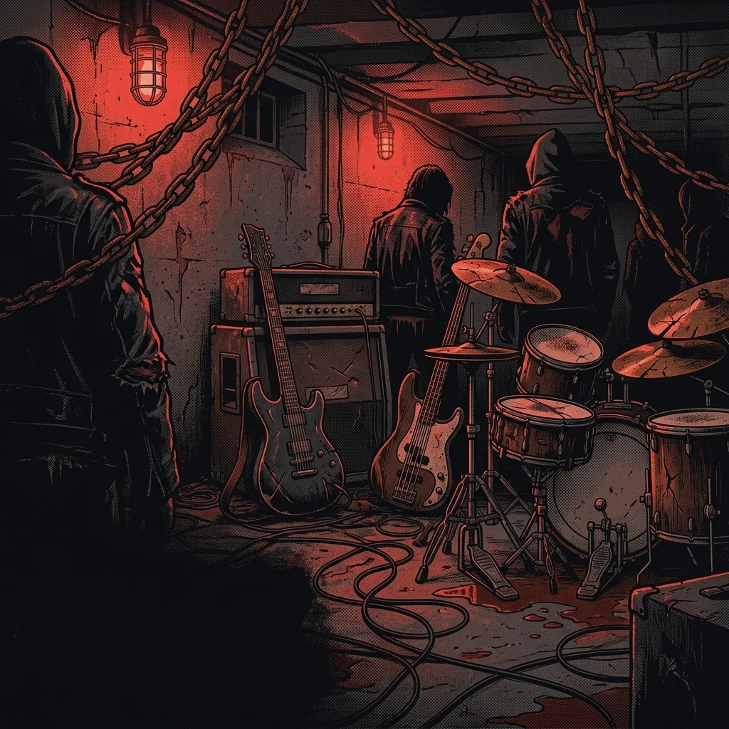 ilustración tributo de un sótano ensangrentado con instrumentos de metal y cadenas oxidadas bajo luz roja industrial, atmósfera death metal brutal de finales de los 80 en el noreste de Estados Unidos, sin rostros reconocibles ni logos, paleta rojo y negro