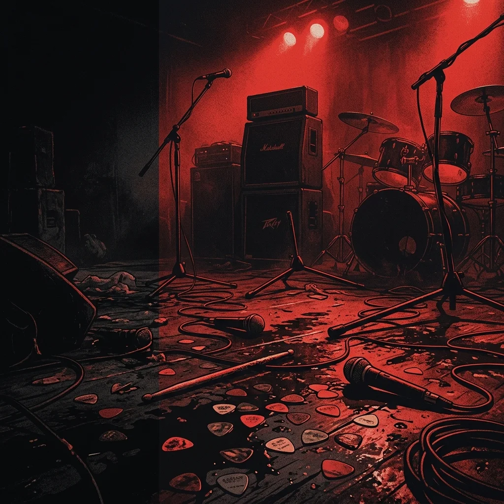 ilustración tributo de un escenario de metal en penumbra con micrófonos caídos y púas de guitarra esparcidas sobre un piso empapado bajo reflectores rojos, atmósfera death metal brutal de los años 2000 en Tampa Florida, sin rostros ni logos, paleta rojo y negro intensa