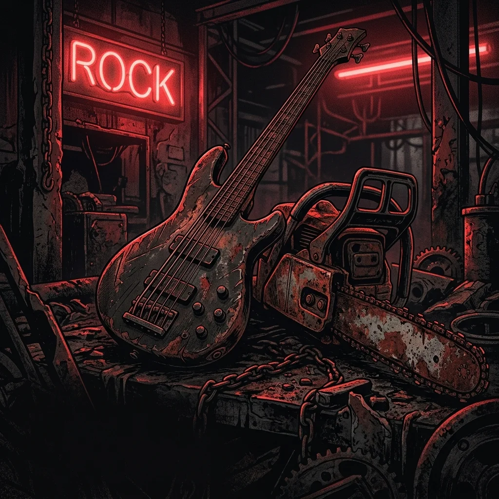 ilustración tributo de una sierra eléctrica oxidada y un bajo de cinco cuerdas rodeados de oscuridad industrial, bajo luz roja de neón, atmósfera death metal brutal sin texto ni logotipos, paleta rojo y negro con destellos de acero