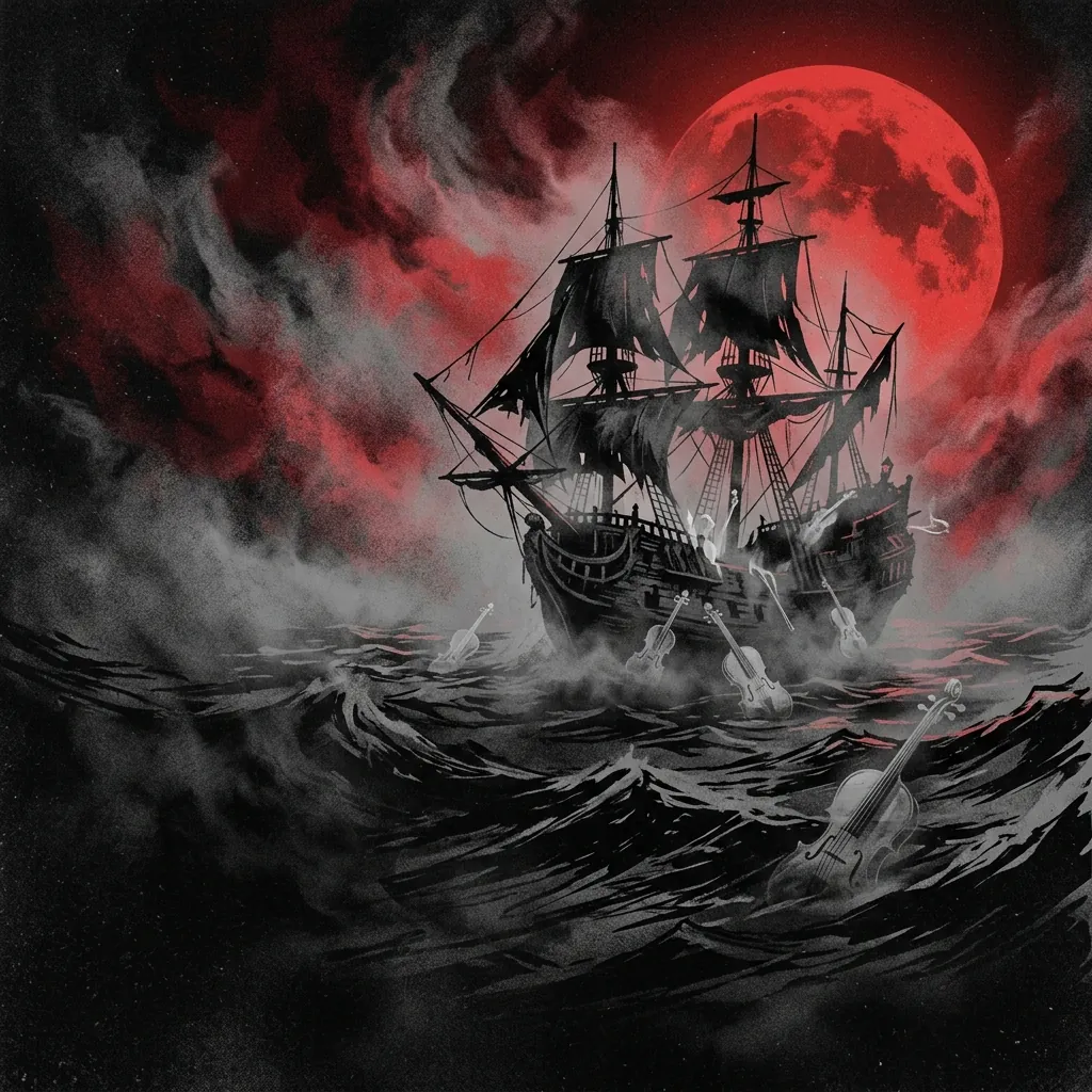 ilustración tributo de un barco fantasma emergiendo de la niebla en alta mar bajo luna roja, atmósfera de black metal sinfónico holandés, olas oscuras y violines flotantes, sin rostros reconocibles ni logos, paleta rojo y negro
