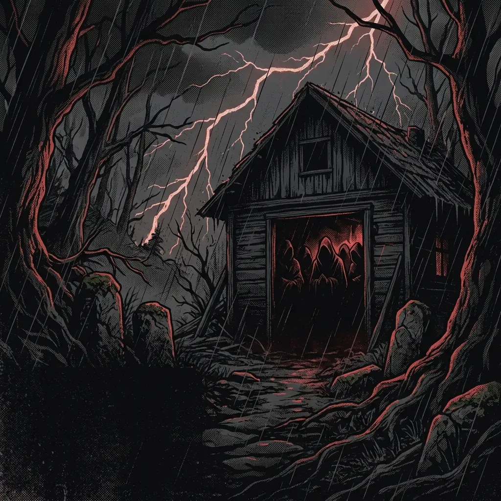 ilustración tributo de una cabaña oscura en el bosque bajo lluvia torrencial, relámpagos iluminando figuras encapuchadas en ritual, atmósfera de cuento de terror gótico holandés, sin rostros ni logos, paleta rojo y negro