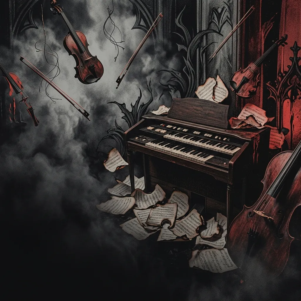 ilustración tributo de un teclado antiguo rodeado de partituras quemadas, instrumentos de cuerda flotantes y niebla oscura, atmósfera orquestal y siniestra de black metal sinfónico holandés, sin texto ni logotipos, paleta rojo y negro