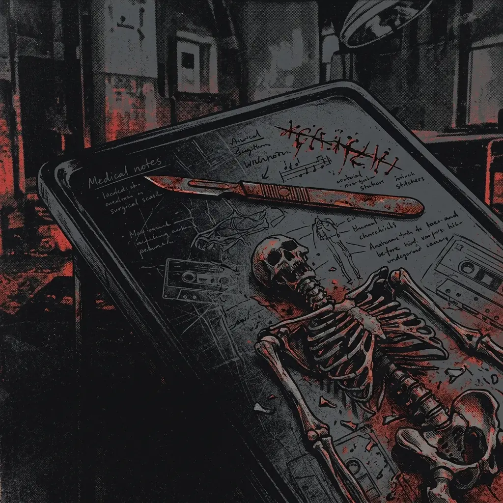 ilustración tributo de un bisturí oxidado sobre un tablero de anatomía con huesos fragmentados y notas musicales dispersas como suturas, atmósfera goregrind subterráneo Liverpool años 80, sin rostros reconocibles ni logos, paleta rojo sangre y negro profundo con destellos grises