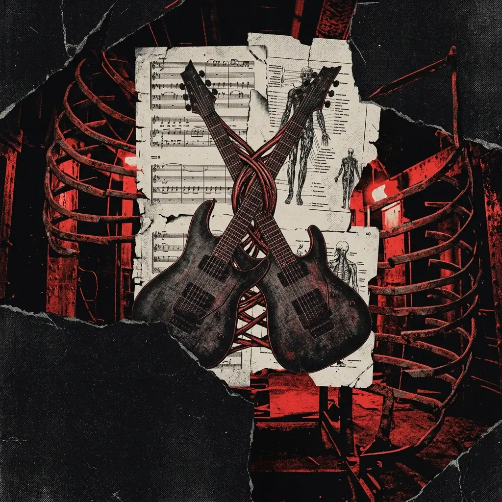 ilustración tributo de guitarras entrelazadas como tendones sobre fondo de partitura quirúrgica desgarrada, atmósfera melodic death metal de transición 1993, luz roja intensa, estructuras metálicas oxidadas como costillas, sin rostros ni logos, paleta rojo y negro
