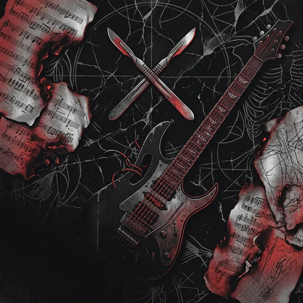 ilustración tributo de un collage de bisturís cruzados, guitarras con cuerdas de sutura, y partituras desintegradas sobre mármol negro, atmósfera death metal melódico técnico, sin texto ni logotipos, paleta rojo profundo y negro con toques plateados