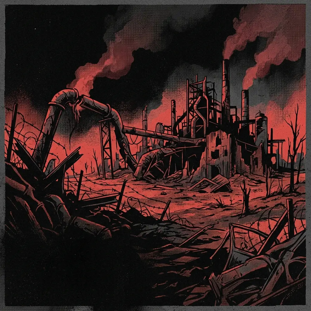 ilustración tributo de una fábrica en ruinas con tuberías rotas exhalando vapor rojo sobre un paisaje calcinado, cielo negro con ceniza, sin rostros ni logos, atmósfera deathgrind apocalíptico, paleta rojo sangre y negro absoluto