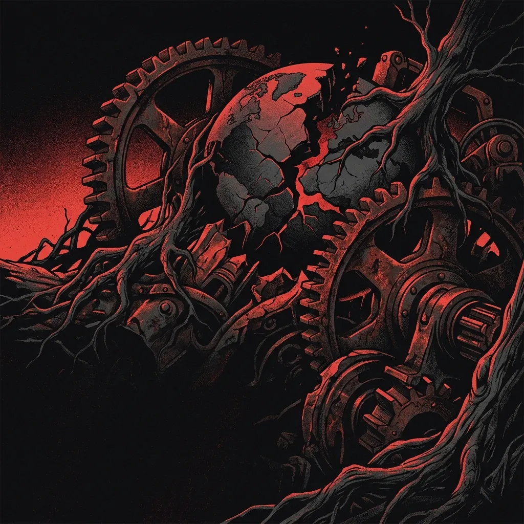ilustración tributo de un planeta fragmentado entre engranajes oxidados y raíces de árboles muertos, luz roja rasante sobre metal retorcido, atmósfera death metal progresivo contemporáneo, sin rostros reconocibles ni texto, paleta rojo y negro profundo