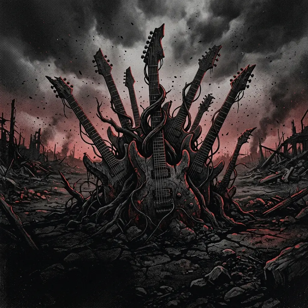 ilustración tributo de guitarras retorcidas como raíces emergiendo de tierra calcinada con partículas de ceniza en el aire, ambiente post-apocalíptico de death metal técnico y melódico, paleta rojo y negro, sin texto ni logotipos
