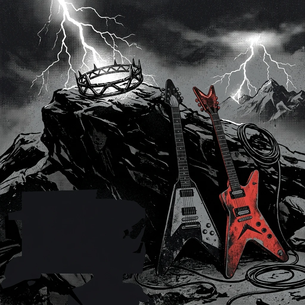 ilustración tributo de un altar de piedra negra con inscripciones rúnicas bajo un cielo tormentoso suizo, relámpagos que iluminan una corona de espinas metálica y espadas cruzadas, atmósfera black thrash metal de los años 80, sin rostros reconocibles ni logos, paleta rojo y negro con destellos blancos
