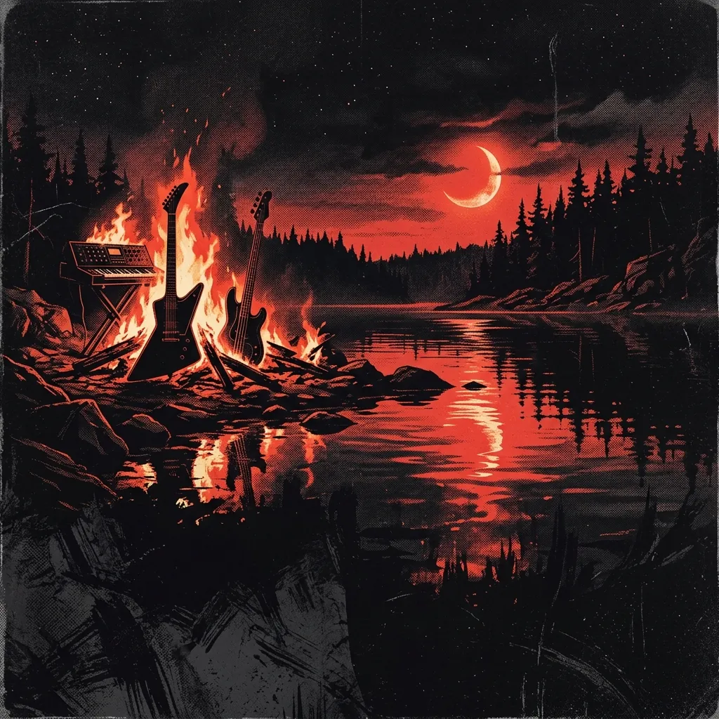 ilustración tributo de un lago finlandés oscuro bajo una noche ártica con luna rojiza sobre el horizonte, silueta de guitarras y teclados en llamas reflejados en el agua, atmósfera melodic death metal años 90, sin rostros reconocibles ni logos, paleta rojo y negro intensa