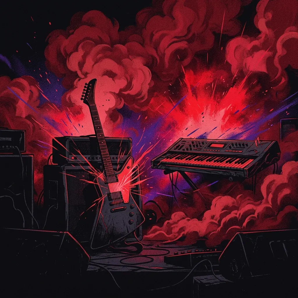 ilustración tributo de una guitarra eléctrica y un teclado sobre un escenario envuelto en humo rojo con destellos de luz violeta, energía explosiva del melodic death metal escandinavo años 2000, sin rostros ni logos, paleta rojo y negro con destellos de escarlata