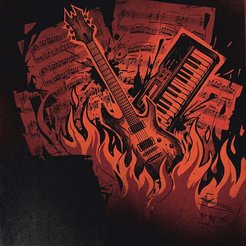 ilustración tributo de un collage oscuro con una guitarra de seis cuerdas y un teclado superpuestos sobre motivos de partituras barrocas y llamas, atmósfera neoclassical death metal, sin texto ni logotipos visibles, paleta rojo y negro con destellos de naranja
