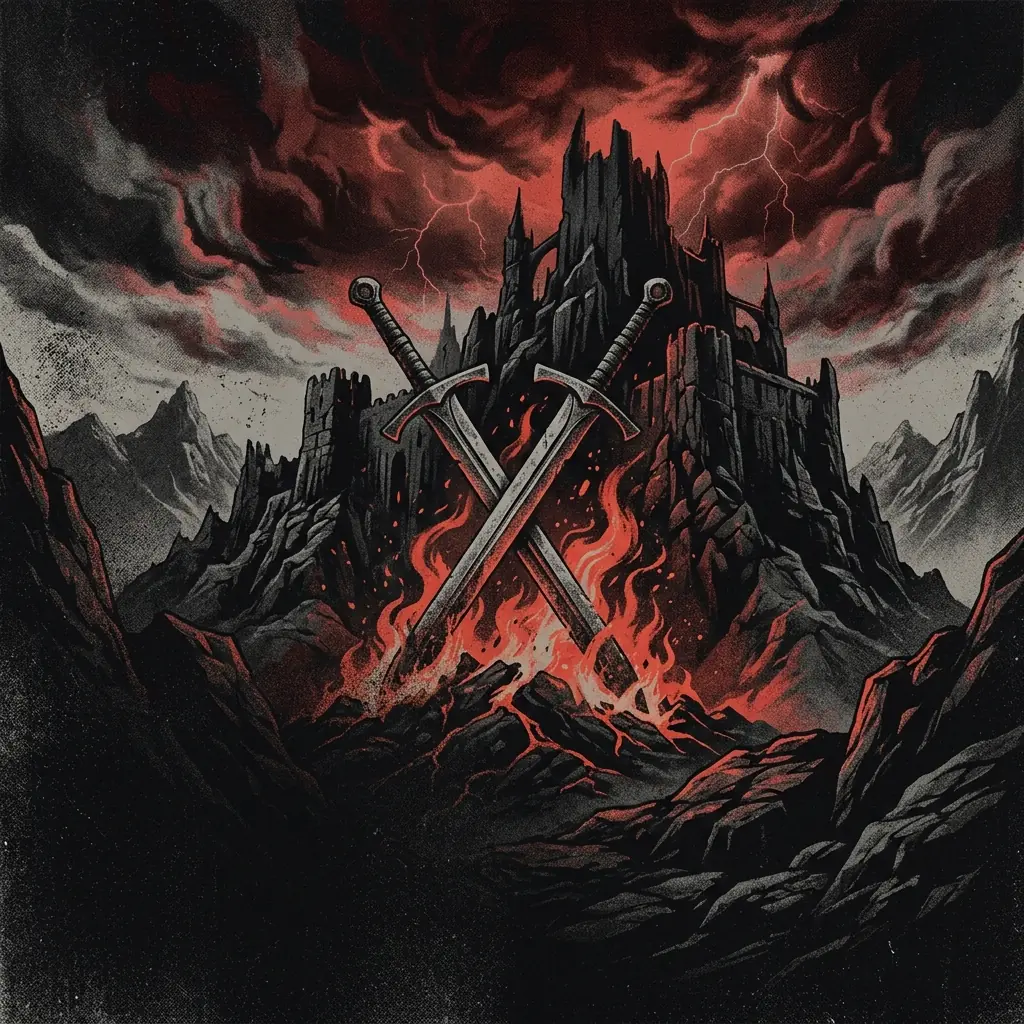 ilustración tributo de una fortaleza de roca volcánica bajo un cielo de tormenta en tonos rojo y negro, espadas cruzadas emergiendo de las llamas, atmósfera de metal épico sword and sorcery California años 70, sin rostros reconocibles ni logos