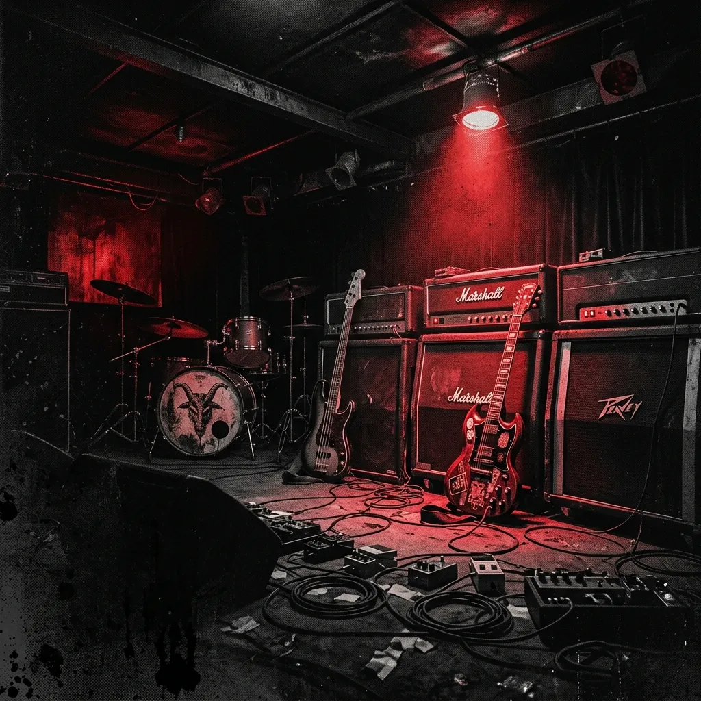 ilustración tributo de un escenario de metal underground californiano en los años 80, amplificadores encendidos bajo luz roja intensa, siluetas de instrumentos en penumbra, atmósfera doom heavy metal sin rostros ni logos, paleta rojo y negro
