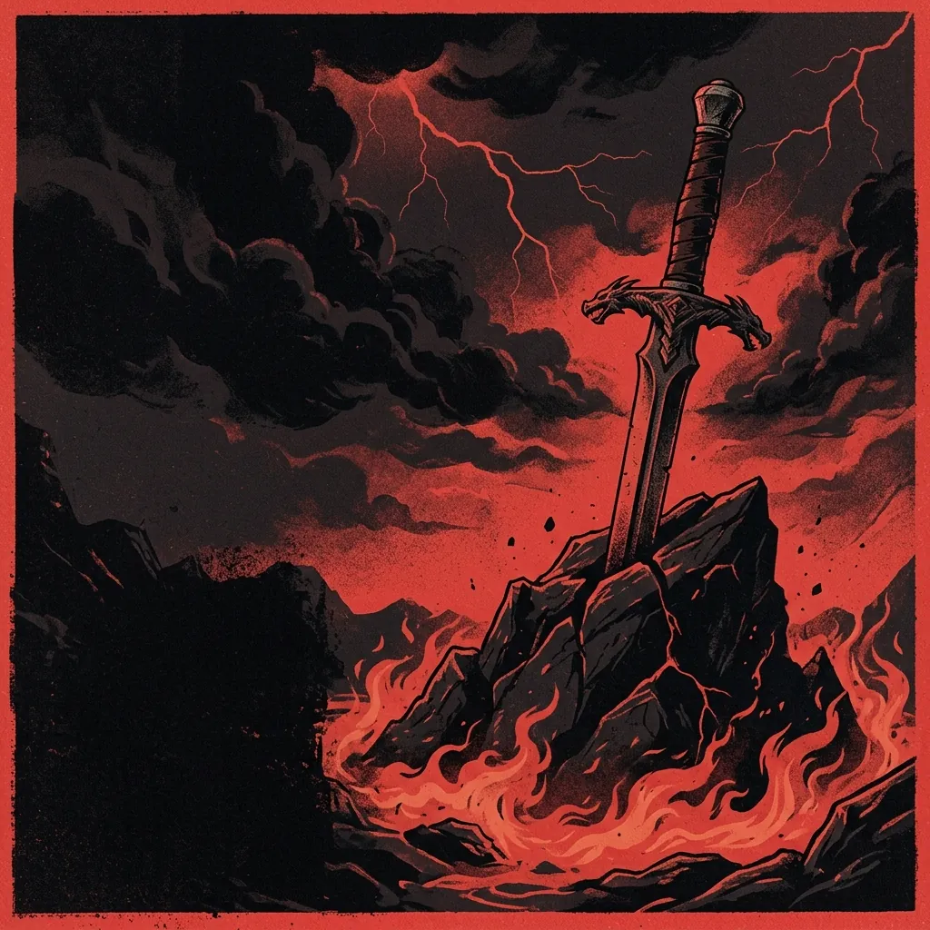 ilustración tributo de una espada clavada en roca volcánica rodeada de llamas bajas bajo un cielo nocturno tormentoso, símbolo de heavy metal épico sword and sorcery, paleta rojo y negro, sin texto ni logotipos