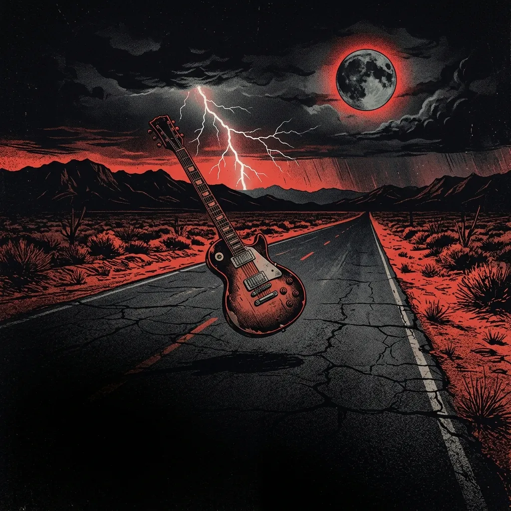 ilustración tributo de una carretera americana nocturna con una guitarra eléctrica suspendida sobre el asfalto, relámpagos en el horizonte y la luna llena de fondo, estética stoner rock, paleta rojo y negro, sin rostros reconocibles ni logos