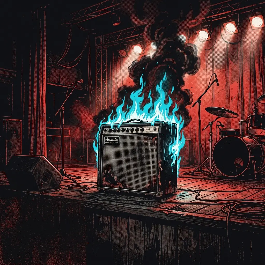 ilustración tributo de un amplificador vintage encendido en llamas azules sobre un escenario de madera, humo que sube hacia los focos, atmósfera de concierto clandestino en el sur de EE.UU., paleta rojo y negro, sin rostros ni logos