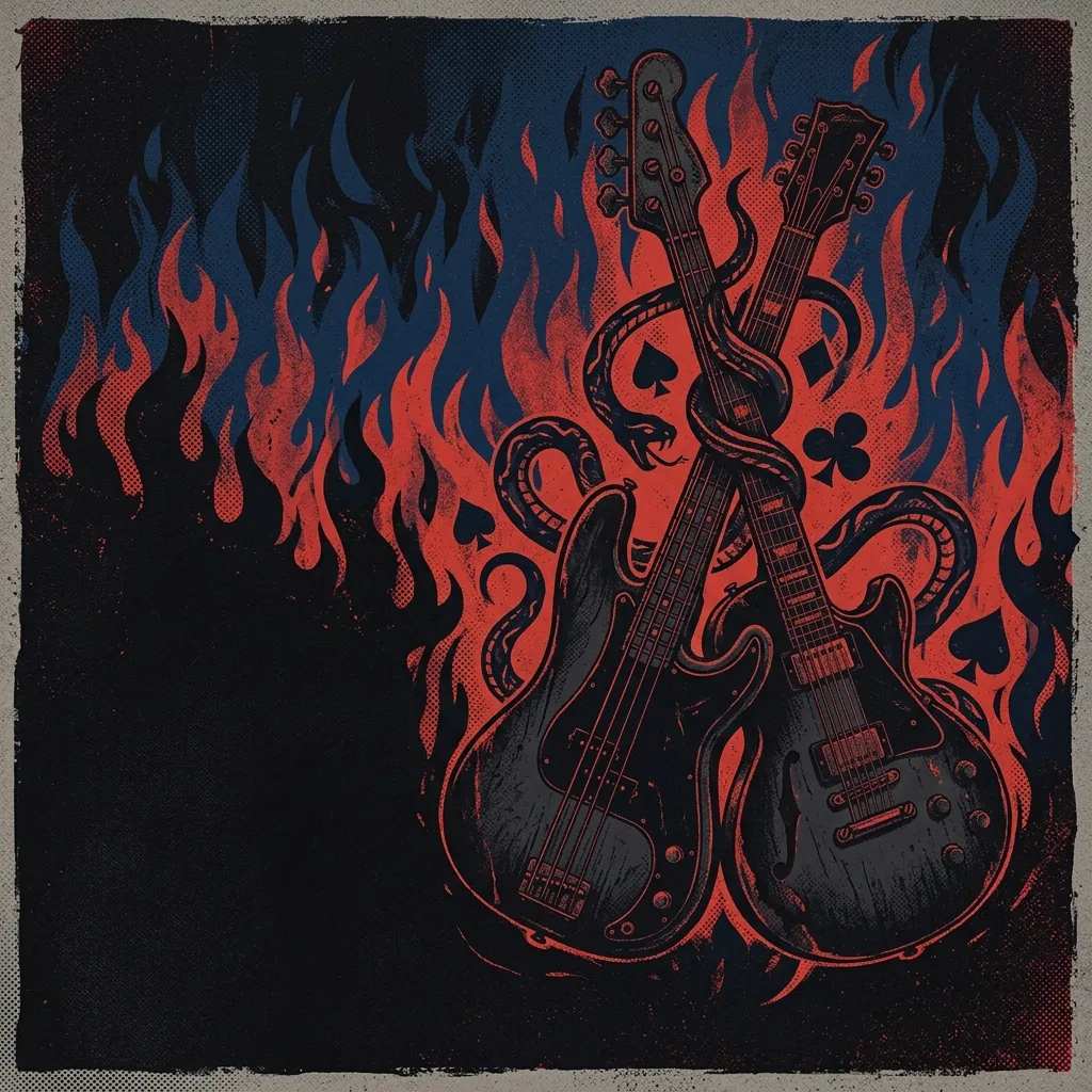 ilustración tributo de un bajo eléctrico y una guitarra entrelazados sobre un fondo de llamas azules y rojas, símbolos de naipes y serpientes en la composición, estética del blues profundo americano, paleta rojo y negro, sin texto ni logotipos