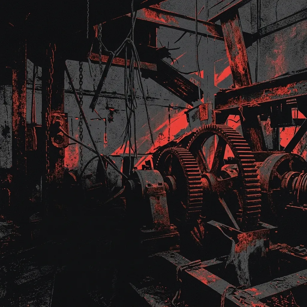 ilustración tributo de una cámara industrial abandonada con engranajes oxidados y destellos rojos, atmósfera oscura e inquietante propia del nu-metal angelino de los 90, paleta rojo y negro, sin rostros reconocibles ni logos