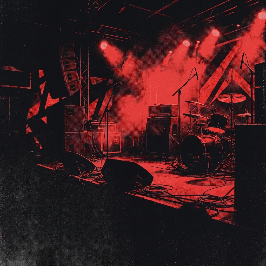 ilustración tributo de una escena de concierto en un club oscuro con luces rojas y humo, energía de nu-metal de los 90 sin rostros identificables, paleta rojo y negro, sin logos