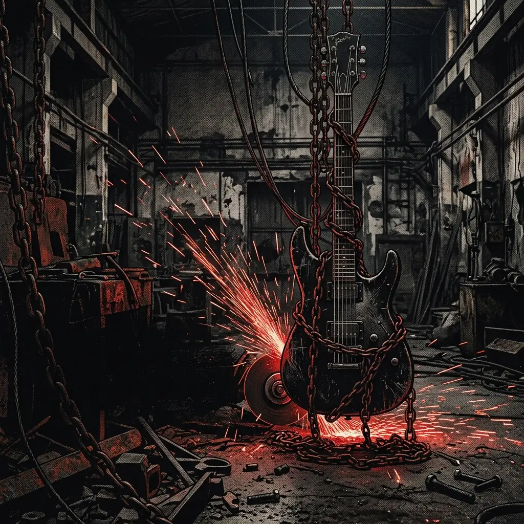ilustración tributo de una guitarra eléctrica de cuerpo macizo rodeada de cadenas y chispas industriales en un ambiente de fábrica abandonada, estética nu-metal oscura de los años 90, paleta rojo y negro, sin texto ni logotipos
