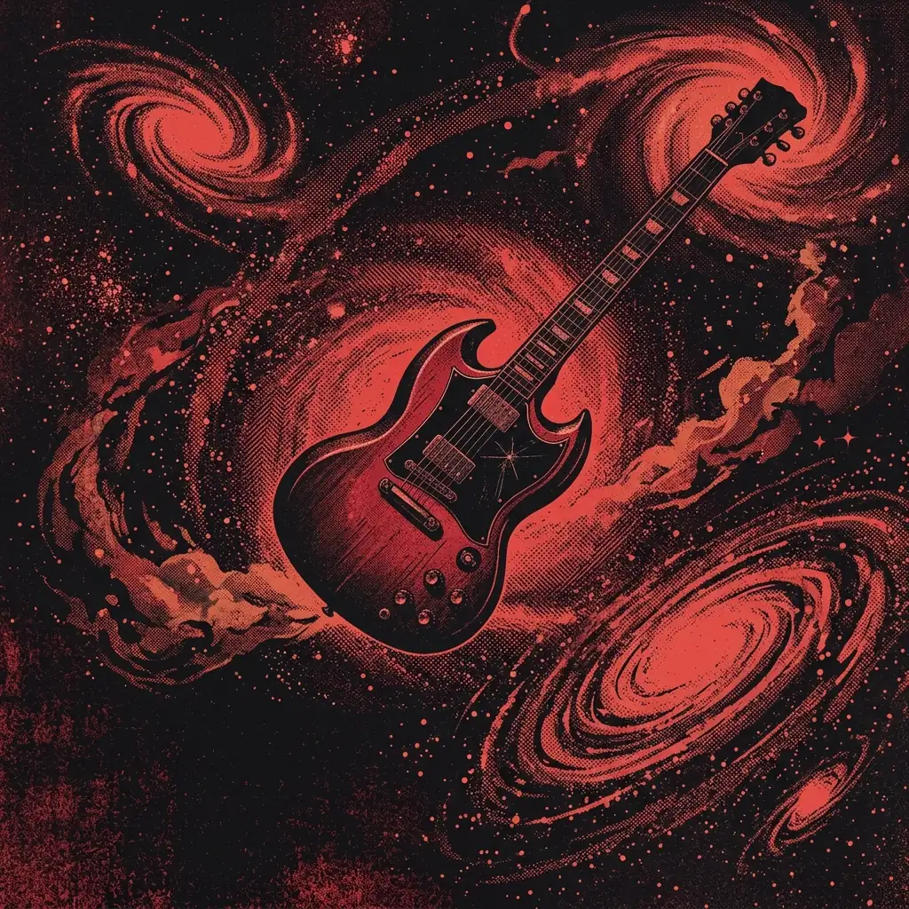 ilustración tributo de una guitarra eléctrica flotando entre estrellas y galaxias en espiral, atmósfera cósmica y épica, paleta rojo y negro, sin rostros reconocibles ni logos
